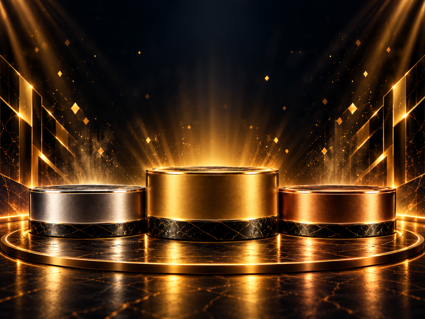 Pódio cinematográfico dourado, prata e bronze, com três bases metálicas